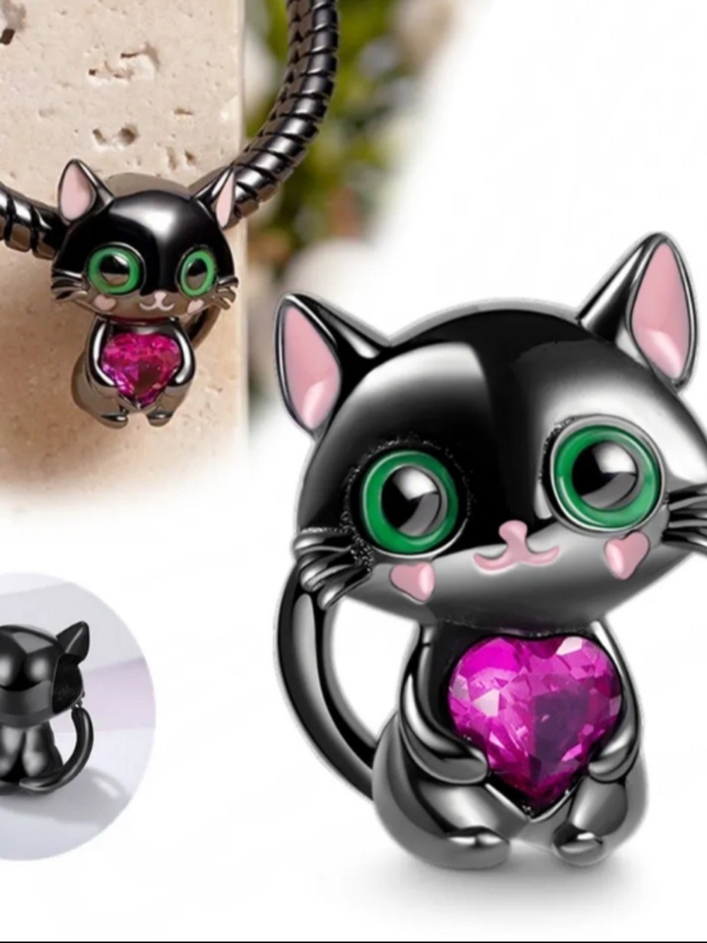 S925 Black Cat Charm with Pink Heart - NWOT - Picture 2 of 5